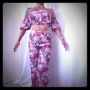 AGACI Flamingo print off shoulder casual suit
